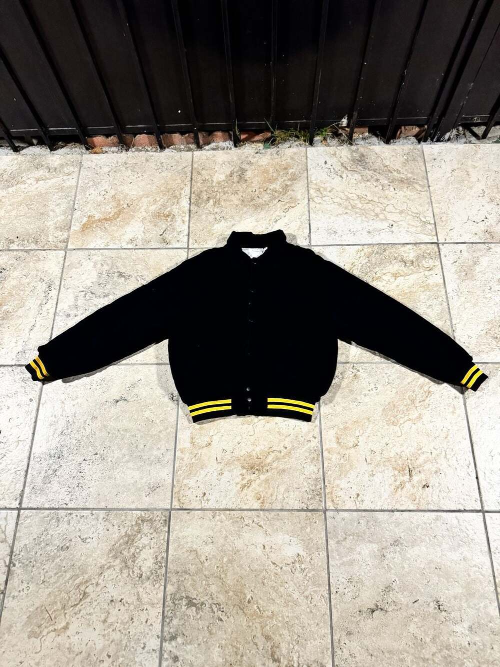 mnml Varsity Jacket Size L Black Corduroy Quilted Lined Yellow Stripe